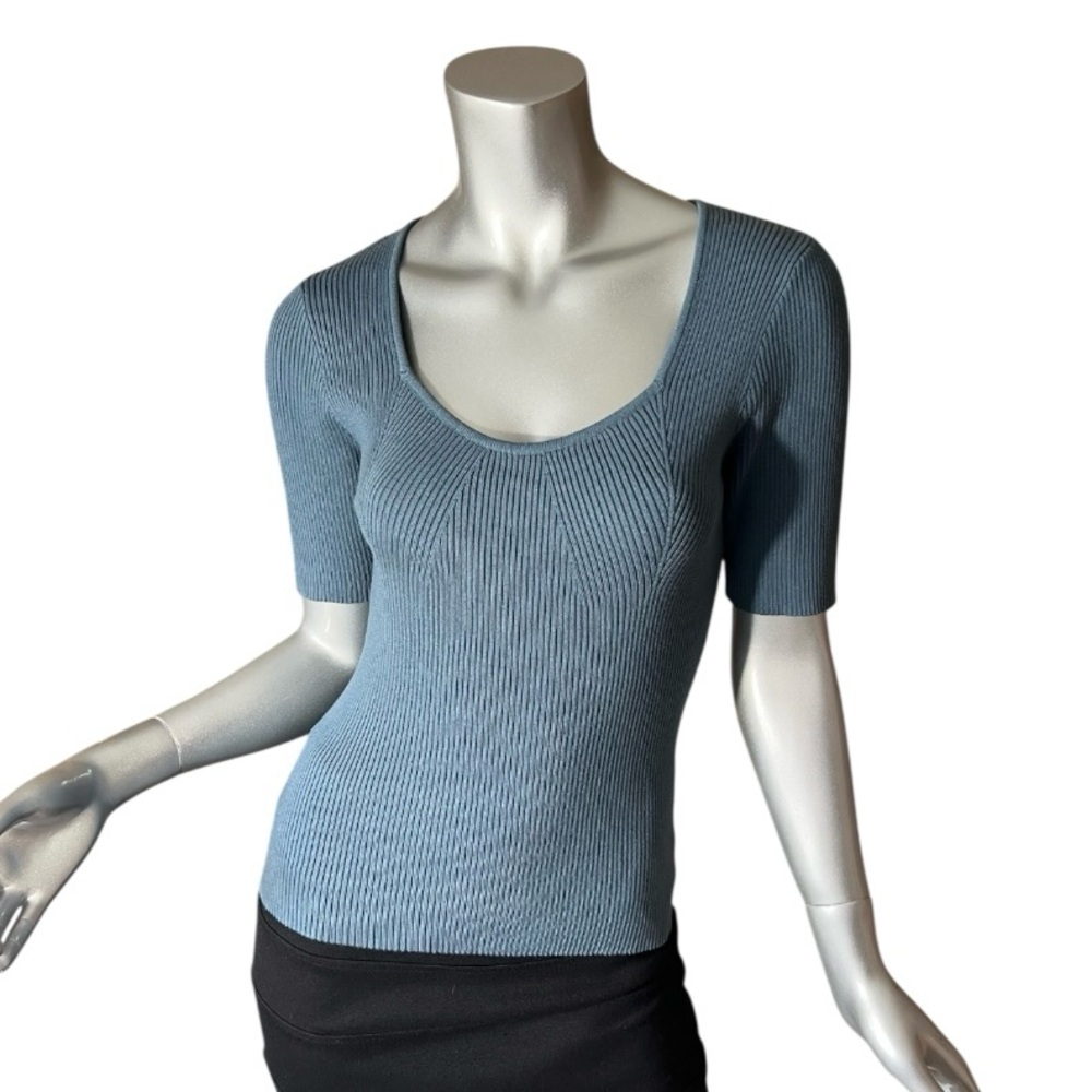 All : Row, Short Story XSP Ribbed Blue Scoop Neck Stretch Top Fitted Blouse NEW!
